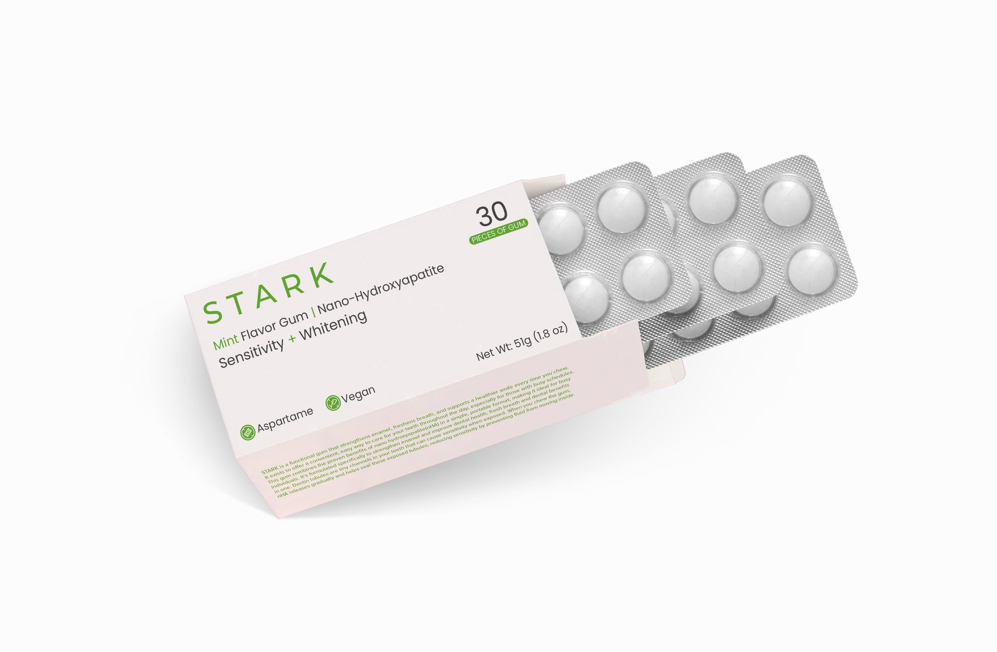 STARK Nano Hydroxyapatite Chewing Gum for enamel strengthening, sensitive teeth relief, and natural remineralization. Portable dental gum reduces tooth sensitivity and protects enamel on-the-go. Fluoride-free and sugar-free gum freshens breath while strengthening teeth. Tooth-friendly, innovative gum with nano hydroxyapatite for long-term oral health, enamel protection, and daily dental care support. Ideal for reducing discomfort, promoting strong enamel, and maintaining oral health conveniently anywhere.